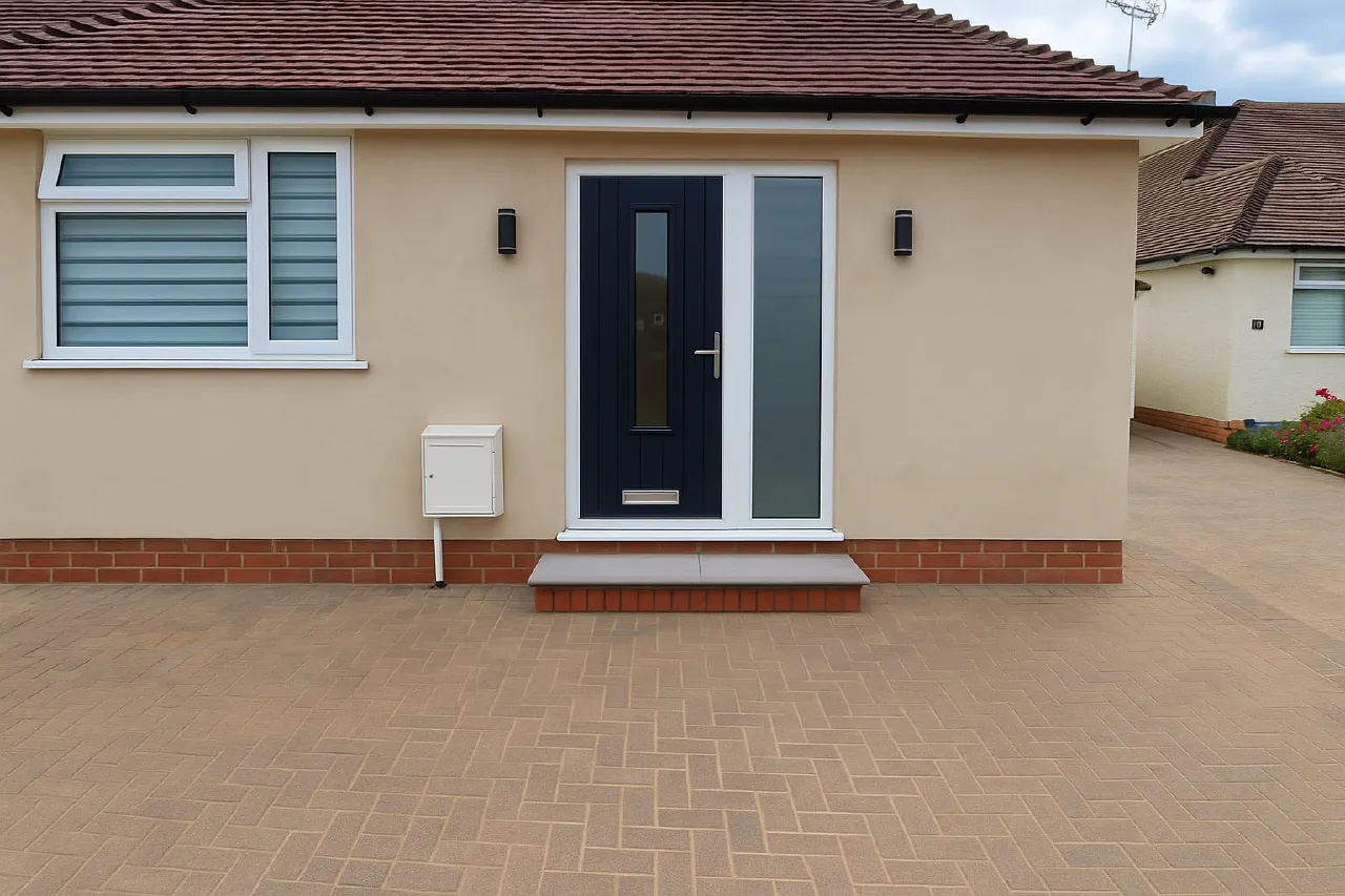 Completed front exterior of the single-storey side extension