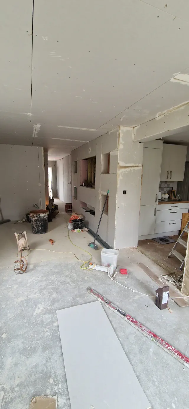 New lounge space during plasterboard installation